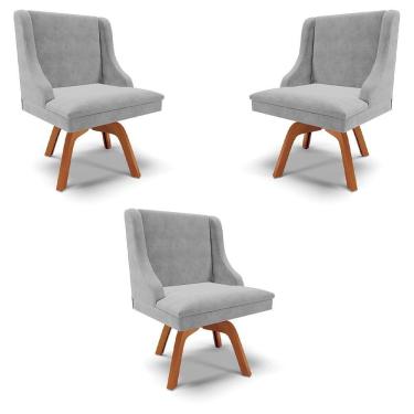 Imagem de Kit 3 Cadeiras Decorativas Sala De Jantar Base Giratória De Madeira Firenze Suede Cinza/natural G19