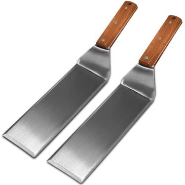 Imagem de Conjunto de 2 espátulas extralongas de aço inoxidável de alta qualidade, acessórios para churrasqueira, cabo de madeira e bordas chanfradas, espátula para chapa de ferro fundido, resistente ao calor