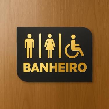 Imagem de Placa de Sinalização para Banheiro Unissex e PCD em MDF Preto e Acrílico espelhado Dourado