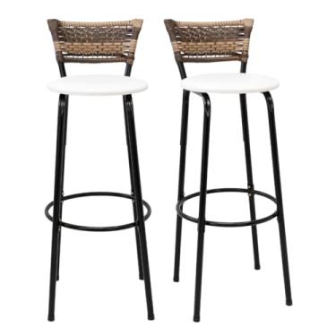 Imagem de Kit 2 Banquetas Altas 80cm Estrutura Preta Encosto Junco Cappuccino Ideal P/Bancada Cozinha Americana Bares Balcão Itagold (Assento Branco)