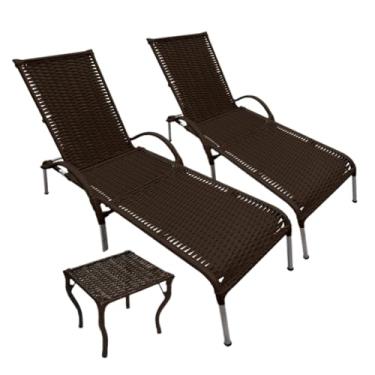 Imagem de Kit Espreguiçadeira com Mesa - 2 Cadeiras de Alumínio Reclináveis para Piscina, Praia e Varanda (Marrom)