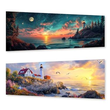 Imagem de Zariocy Pacote com 2 kits de arte de diamante grandes para farol de adultos, pintura de diamante faça você mesmo, arte de paisagem, broca completa, cristal, bordado, pinturas, artesanato, para