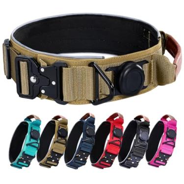 Imagem de Coleira para cães AirTag, coleira militar tática de 5 cm de largura com suporte para AirTag, alça de couro confortável e fivela de metal, coleiras refletivas, acolchoadas e resistentes com GPS para