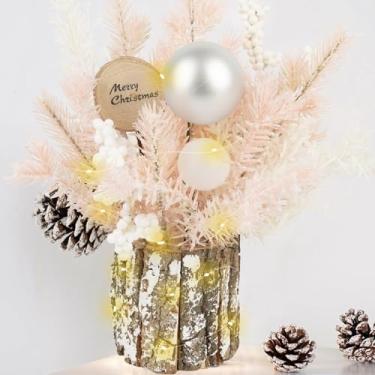 Imagem de Árvore de Natal pequena com luzes, mini decorações de árvore de Natal com cones de pinheiro de feliz Natal, bolas de bagas, ornamentos para decoração de casa, festa central, 30,5 cm, rosa