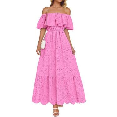 Imagem de Vestido ZESICA 2025 Summer Off Shoulder com babados bordado rosa