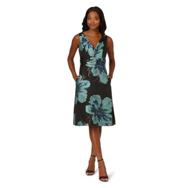 Imagem de Adrianna Papell Vestido midi evasê com cinto jacquard floral, Preto Multi, 46