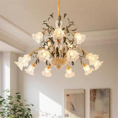 Imagem de Lustre Americano Pastoral com Criatividade Francesa e Flores para Sala de Estar, Sala de Jantar, Quarto, Escritório, Casa de Campo ou Escada - Luminária Pendente LED (B 15 Lâmpadas)