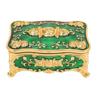 Imagem de Luqeeg Caixa de Joias Vintage, Requintado Padrão Rosa, Organizador de Joias Retangular de Liga de Zinco Com Forro de Veludo Macio, Berloque para Anéis, Brincos, Colares, Pulseiras (Ouro Verde)
