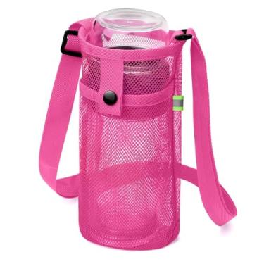 Imagem de Suporte de garrafa de água com alça de ombro ajustável bolsa de garrafa de água de malha para caminhadas, esportes e caminhadas, Vermelho rosa, Rosa vermelha
