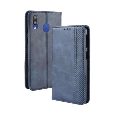 Imagem de Capa para Samsung Galaxy M20,Retro Flip magnético,Caso de telefone de couro PU,Design de carteira com 3 slots de cartão e 1 clipe de dinheiro -Blue