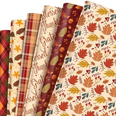 Imagem de 12 folhas de papel de embrulho de outono, 6 desenhos de outono (2 cada) com folhas de bordo, abóbora, xadrez marrom e palavras de agradecimento, embalagem de presente de 40 x 70 cm para embalagem de