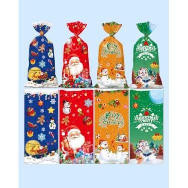 Imagem de 50 unidades de sacos de presente de celofane de Natal – Papai Noel doces sacos de violoncelo transparentes de Natal laços torcidos para suprimentos de festa temática de Natal de inverno, 4 estilos