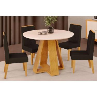 Imagem de Sala De Jantar Completa Celeste Tampo Madeirado C- Vidro Redondo 103x103cm E 4 Cadeiras Lia Cedro-off White - Suede Moca - Dj Móveis