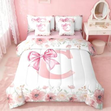 Imagem de Erosebridal Conjunto de cama King Size com letra C, estilo princesa sonhadora kawaii, para adolescentes, conjunto de edredom rosa com laço e laço e flor, floral, primavera, decoração de quarto