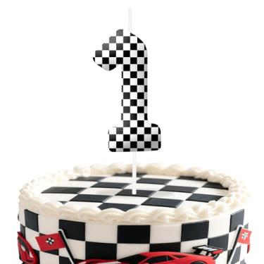 Imagem de Velas de aniversário número 1 de carros de corrida, com tema de bandeira quadriculada preta e branca para meninos e meninas, decorações de bolo para aniversários, suprimentos de festa com tema de