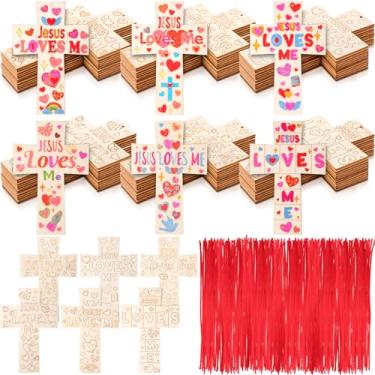 Imagem de Blueweenly 60 peças de cruzes de madeira para dia dos namorados, artesanato de pintura cristã faça você mesmo, kits de cruzes de madeira religiosas para presentes de igreja (Jesus Loves Me)