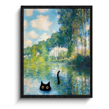 Imagem de Arte de parede emoldurada de gato preto, gato preto engraçado em Monet Riverside Poplar Trees Impressão artística texturizada inspirada, pinturas estéticas para quarto, sala de estar, banheiro