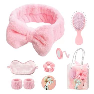 Imagem de 9 peças de artigos de festa do pijama para meninas, incluindo faixa de cabeça de spa, máscara para os olhos para dormir, scrunchie com laço de coquete, espelho, pente de cabelo, sacos de presente para