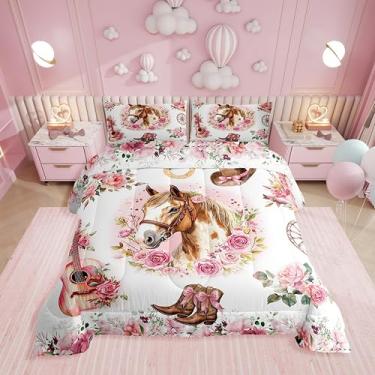 Imagem de Erosebridal Conjunto de edredom Queen com cavalo ocidental rosa para meninas, botas e laços, para crianças, adolescentes, retrô, rústico, campo, cavalos, rosa, decoração de quarto floral rosa com 2