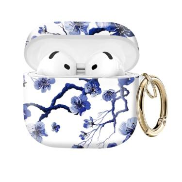 Imagem de Capa protetora compatível com AirPod 4 com chaveiro dourado para AirPods de quarta geração 2024. Capa protetora de fone de ouvido sem fio, à prova de choque, poeira (flor de tinta azul)
