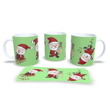 Imagem de Caneca de Natal Feliz Natal, Porcelana Branca com Design Natalino, Decoração com Papai Noel e Rena, Fundo Cinza com Flocos de Neve (1.2)