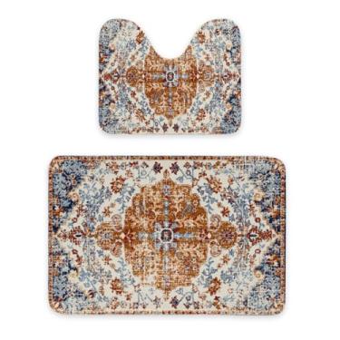 Imagem de Tapete de banheiro – Tapete de banheiro super macio e absorvente, estampa de carpete vintage, design antiderrapante, serve para vaso sanitário, banheira e chuveiro, tapete de banheiro em forma de U