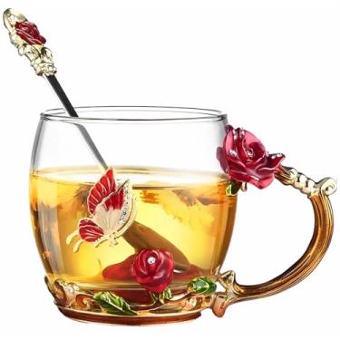 Imagem de Xícara de chá, canecas de café de vidro, xícara de chá de flor de borboleta esmaltada, xícara de chá com colher, presentes para mulheres, presente de aniversário, Natal, dia dos namorados