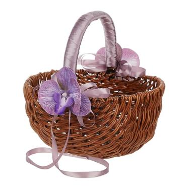Imagem de Vaveren Cesta de vime sintético para daminha de honra, com alça, ideal para piqueniques, piqueniques e eventos ao ar livre com flores, com Flor Violeta