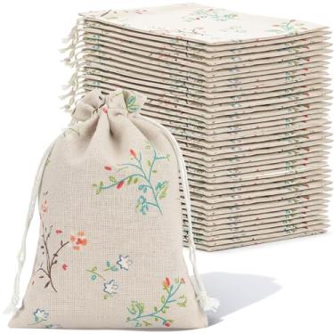 Imagem de MAQUITA Pacote com 80 sacos de presente com cordão de serapilheira floral, 12 x 17 cm, bolsa de presente de tecido para joias, presente, festa, casamento, chá de aniversário, artesanato DIY
