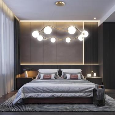 Imagem de Lustre moderno dourado G9 Sputnik com esfera de vidro, luminária pendente para mesa de jantar, ilha de cozinha, luminária de teto metálica com 8 lâmpadas, ideal para sala de estar, quarto, c