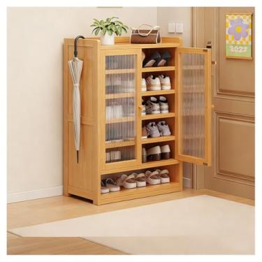Imagem de SPXMQSS Sapateira para entrada, armário de sapatos de 7/8 níveis com portas, grande armário de armazenamento de sapatos, organizador de sapatos de bambu para 18-42 pares, sapateira independente marrom