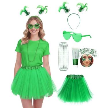 Imagem de Tinyones Conjunto de 10 peças de acessórios de fantasia de tutu para adultos, preto, azul, roxo, verde, saia de tule, Halloween, anos 80, faixa de cabeça, colar, óculos de sol, brilho corporal