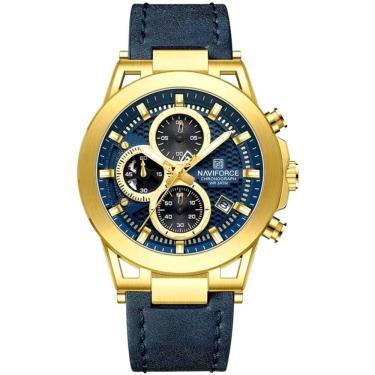 Imagem de Relógio Analógico Design Esportivo Impermevel À Prova Da Água Pulseira Em Couro Ecológico Azul Dourado