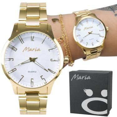 Imagem de Relogio Feminino Dourado Banhado Inox Aço + Caixa Presente Ouro Original Analogico