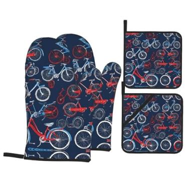 Imagem de Bikes Bicycle Cycling - Conjunto de luvas de cozinha estampadas com suportes de tampa, luvas de forno resistentes ao calor para manusear panelas quentes, grelhar, churrascos, kit de 4 peças.