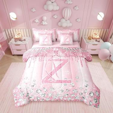 Imagem de Erosebridal Conjunto de cama solteiro ombré, rosa, letra A, laço e alfabeto, 7 peças, conjunto de edredom com glitter, lençol feminino, monograma, feminino, conjunto de cama personalizada