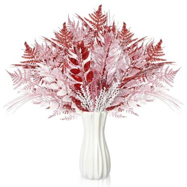 Imagem de Motionchic 50 palhetas e sprays de árvore de Natal para árvore de Natal, galhos de pinheiro com glitter, hastes de ramo com glitter para decoração de guirlanda de vaso de Natal (vermelho, rosa, branco