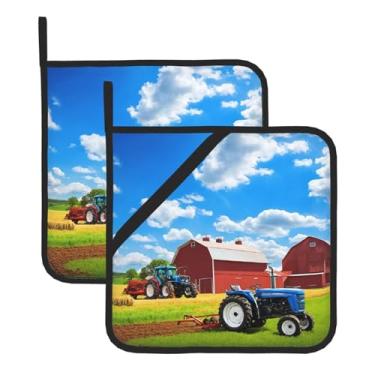 Imagem de Company Farm Tractor - Conjunto de tapetes quadrados resistentes ao calor, 2 peças antiderrapantes com alças para pendurar, para balcão de cozinha e proteção de mesa de jantar.