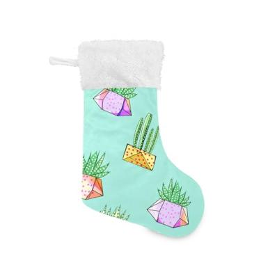 Imagem de xigua Meia de Natal colorida de cactos e suculentas personalizada grande presente de pendurar meias de Natal para decoração de festa de férias em família, decoração de lareira
