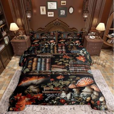 Imagem de Castle Fairy Conjunto de cama queen com cogumelo, 3 peças, livros retrô, folhas verdes, plantas, para crianças, adolescentes e adultos, flores vintage, rústico, estilo casa de fazenda, edredom