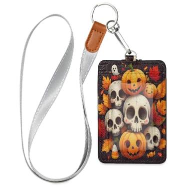 Imagem de Wassud Skulls Autumn Pumpkins Porta-crachá de couro PU com cordão, porta-cartão de identificação para trabalho, cordão de pescoço com compartimentos para cartões de crédito, funcionários, estudantes