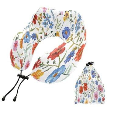 Imagem de CEBUGI Travesseiros de viagem portáteis em forma de U, travesseiro de pescoço de espuma viscoelástica com trava de corda ajustável para avião, viagem, trem, negócios, escritório, soneca (florais)