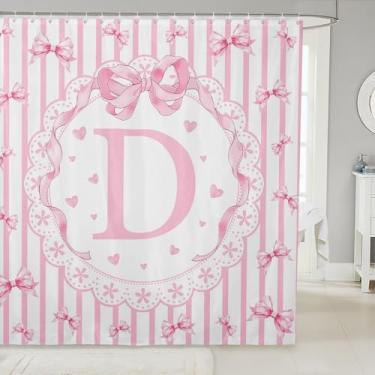 Imagem de jejeloiu Linda cortina de chuveiro com laço para decoração de banheiro rosa inicial D cortina de banho para barracas banheiras padrão listrado acessórios de banheiro tecido de poliéster impermeável