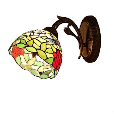 Imagem de Luminária de parede estilo Tiffany com rosas, 20 cm, em vitral artesanal com libélula, ideal para quarto, sala de estar, corredor e varanda, soquete E27.