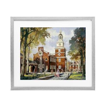 Imagem de Stupell Industries Independence Hall Colonial Times Impressão emoldurada cinza sob vidro, design por Wind River Studios, 13 x 16