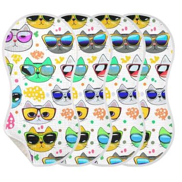 Imagem de Burbuja Caras de gato de desenho animado usando óculos de sol musselina panos de arroto de bebê, panos macios e absorventes de algodão para meninos e meninas recém-nascidos, pacote com 4