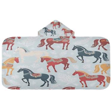 Imagem de Burbuja Swedish Horses Toalha de banho com capuz para crianças, toalha de praia de pelúcia macia absorvente para meninas e meninos 3-10 anos, 61 x 127 cm