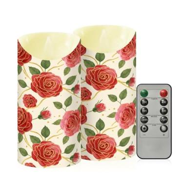 Imagem de Wassud Pacote com 2 velas sem chama de rosas vermelhas com controle remoto, velas realistas cintilantes com temporizador, velas decorativas para Natal, casamento, festa, decoração de casa média