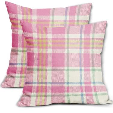 Imagem de Aytipun Conjunto de 2 capas de almofada xadrez de Páscoa, 45,7 x 45,7 cm, estampa xadrez de búfalo rosa escuro, primavera, férias, tartan, fronhas decorativas sazonais, ao ar livre, fazenda, capa de