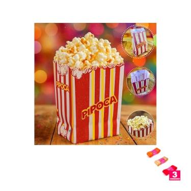 Imagem de Kit Saco Para Pipoca Decorativo 100 Unidades Com Fita Cetim 38mm X 10 Metros